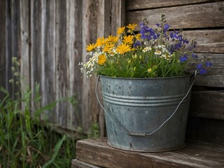 Wall Mural - Wildflowers in a rustic metal bucket on a weathered porch.