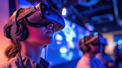 A woman wearing a virtual reality headset is looking at a screen. There are two other people in the room wearing VR headsets