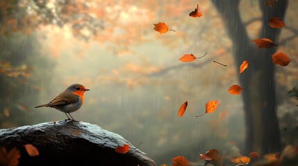 Wall Mural - Robin Redbreast in Autumn Rain