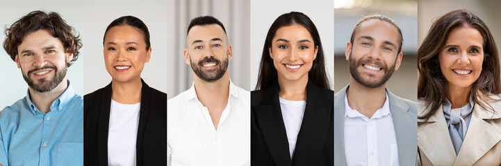 Aufkleber - A group of six professionals stands together in an urban office setting, showcasing a range of styles. Each individual exudes confidence with warm smiles, web-banner