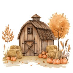 Sticker - Watercolor Autumn Barn with Hay Bales and Pumpkins