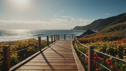 Poster - Wooden walkway leading to the ocean with flowers.