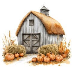 Sticker - Watercolor Painting of a Rustic Barn with Pumpkins