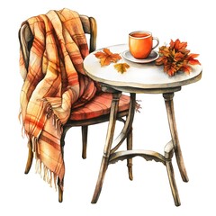 Sticker - Watercolor Illustration of Autumn Table Setting with Chair  Blanket  Teacup and Leaves