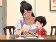 © Nuri_Moon - flat 2D illustration,young beautiful woman mother having lunch with her child ,AI generated