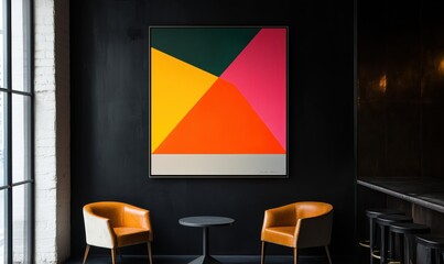 A black and white abstract painting with a yellow, orange, and pink color scheme. The painting is framed and hangs on a wall. The room has two chairs and a table