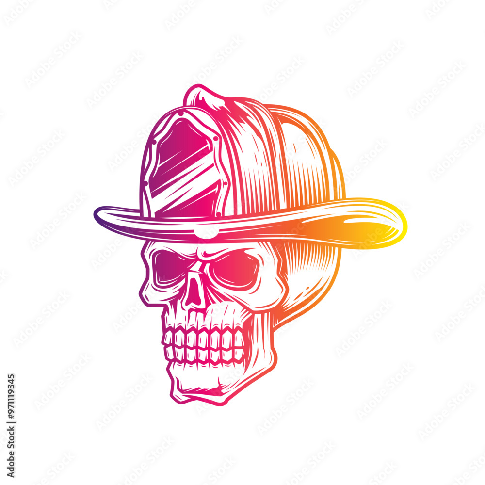 Human skull in a fire helmet. Firefighter. Original vector illustration in vintage style isolated on white background. T-shirt design.