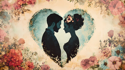 Vintage style romantic couple in heart silhouette collage with flowers. concept vintage photoshoot, romantic couple, heart silhouette, flower collage, retro style. Victorian Era. Illustration