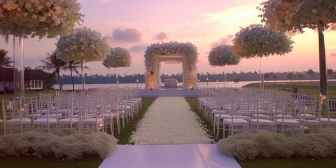 Elegant outdoor wedding ceremony setup with white floral decorations and a sunset backdrop.