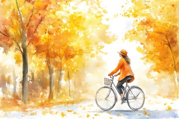 Wall Mural - Woman Riding Bicycle in Autumn Forest Watercolor Painting