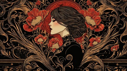 A woman with dark hair and a black dress stands in profile against a background of red flowers and gold filigree.