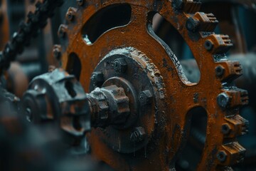 Wall Mural - Close up of a rusty gear rotating with a chain drive in an old factory, showing the wear and tear of industrial machinery