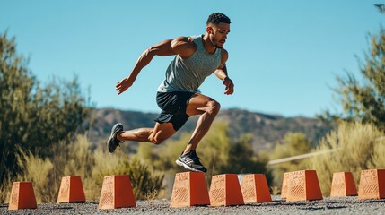 Poster - A man in a tank top and black shorts is jumping over an obstacle course.