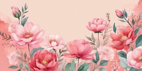  pretty pink theme flowers on pastel red background, concept for banner, watercolor style