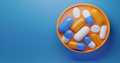 A vibrant bowl filled with various colorful tablets and capsules on a clean blue background, representing health and wellness.