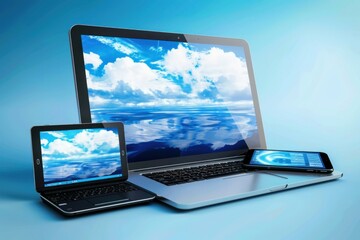 Poster - Laptop, digital tablet and smartphone are showing the same clouds over water on a blue background