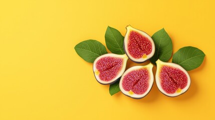 Freshly sliced figs on vibrant yellow background, showcasing their juicy texture and seeds surrounded by green leaves.