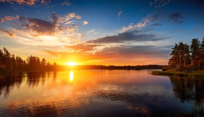 Poster - beautiful paintings vibrant sunset over a tranquil lake