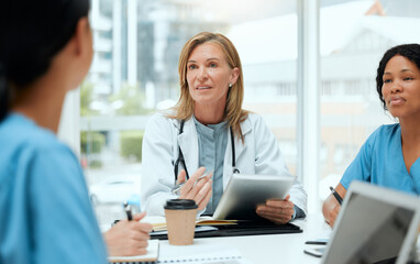 Poster - Doctor, discussion and medical students on technology with group for healthcare, review or feedback. People, talking and diversity in meeting in teamwork as staff for internship in clinic or hospital