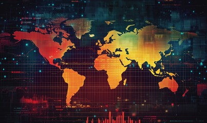 Aufkleber - A colorful world map with a red and yellow border. The map is filled with lines and dots, giving it a busy and chaotic appearance. The colors and patterns suggest a sense of movement and energy