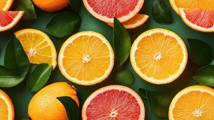 Wall Mural - Vibrant citrus slices including oranges and grapefruits, adorned with fresh green leaves on a teal background.