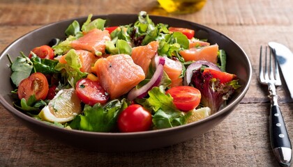 Poster - delicious and nutritious salmon salad on wooden table with fresh vegetables and vibrant colors for a healthy lifestyle description this image