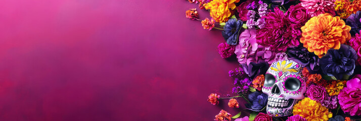 Wall Mural - Dia de los muertos festival celebration. Vibrant image of a calavera with colorful flowers. Traditional sugar skull with purple background. Mexico tradition and culture.	
