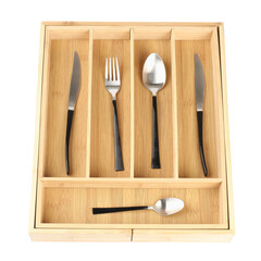 Poster - Wooden box with cutlery isolated on white, top view