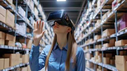 Poster - a virtual reality image showcasing a worker wearing a vr headset managing a futuristic,automated war