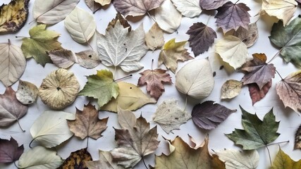 Wall Mural - A Collection of Dried Autumn Leaves on a White Background