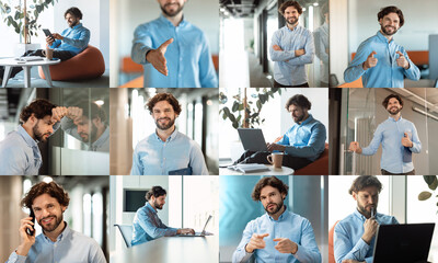 Leinwandbilder - Young professional is captured participating in a range of work-related activities within a contemporary office environment. He communicates via phone, reviews documents, collaborates with colleagues