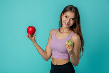 Slim fitness woman holding two healthy apples and smiles. Athletic lady, sports model, purple top posing with fruit. Concept of health and positivity.