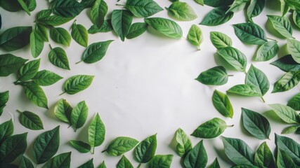 Wall Mural - Green Leaves Arranged in a Circle Around a White Background