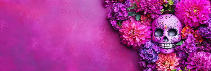 Dia de los muertos festival celebration. Vibrant image of a calavera with colorful flowers. Traditional sugar skull with purple background. Mexico tradition and culture.	
