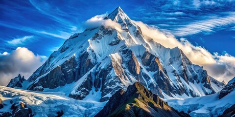 Snow-capped mountain peak rises majestically against a bright blue sky, with crisp lines and bold shapes, evoking a sense of adventure and rugged beauty.