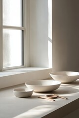 Wall Mural - A serene display of minimalist bowls and utensils on a sunlit windowsill.