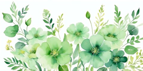 pretty green theme flowers on pastel white background, concept for banner, watercolor style