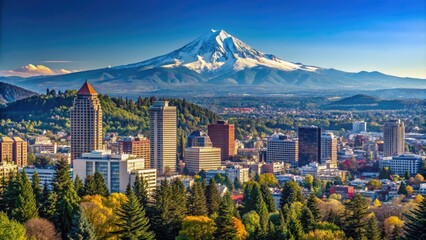 Wall Mural - Snow-capped Mount Hood rises majestically behind the urban skyline of Portland, Oregon, on a clear blue day, its peak shining bright against a radiant horizon.