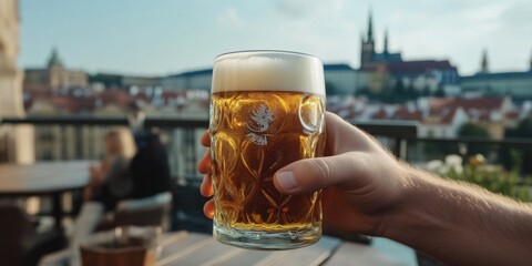 A refreshing glass of beer held in hand with a beautiful cityscape in the background. Ideal for lifestyle and travel themes. Captures the essence of relaxation and enjoyment. AI