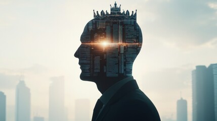 Unseen Power: AI Robot Serves the Crowned Businessman in a High-Tech Cityscape