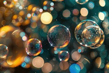 Poster - Soap bubbles floating in the air with a festive bokeh background with warm and cool colors