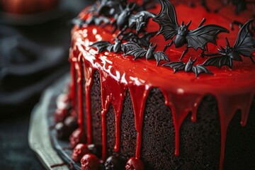 close up of Halloween cake with dripping blood red glaze, topped with chocolate bats. food perfect for autumn celebration.