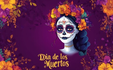 Wall Mural - La Catrina with flowers in the hair. Dia de los muertos festival party celebration concept on purple background. Woman with skull makeup and a floral costume. Mexican tradition and culture concept.