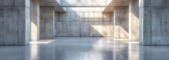 Aufkleber - Spacious and modern interior with concrete walls and floor, illuminated by natural light, suitable for various architectural designs.