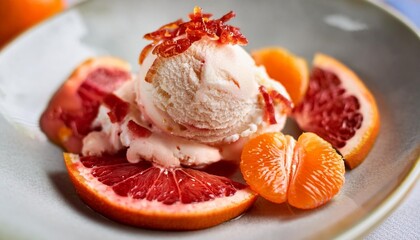 Poster - elegant citrus delight create a luxurious dish featuring a scoop of vibrant blood orange ice cream paired with fresh slices of ruby red grapefruit and caramelized tangerine segments