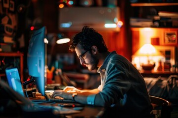 Poster - Young programmer is working late at night, focused on his computer screen in his home office