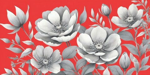 Wall Mural - pretty gray theme flowers on pastel red background, concept for banner, watercolor style