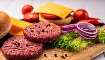 Poster - close up of ingredients for making gourmet burgers featuring raw beef patties seasoned with spices and herbs fresh buns cheddar cheese lettuce red onions and tomato