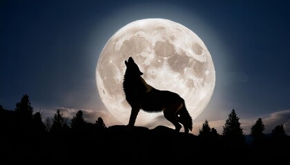 wolf howling at the full moon bathed in ethereal moonlight evoking a sense of primal power