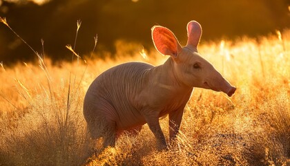 aardvark in sunset light captured with warm tones highlighting its fur and large ears